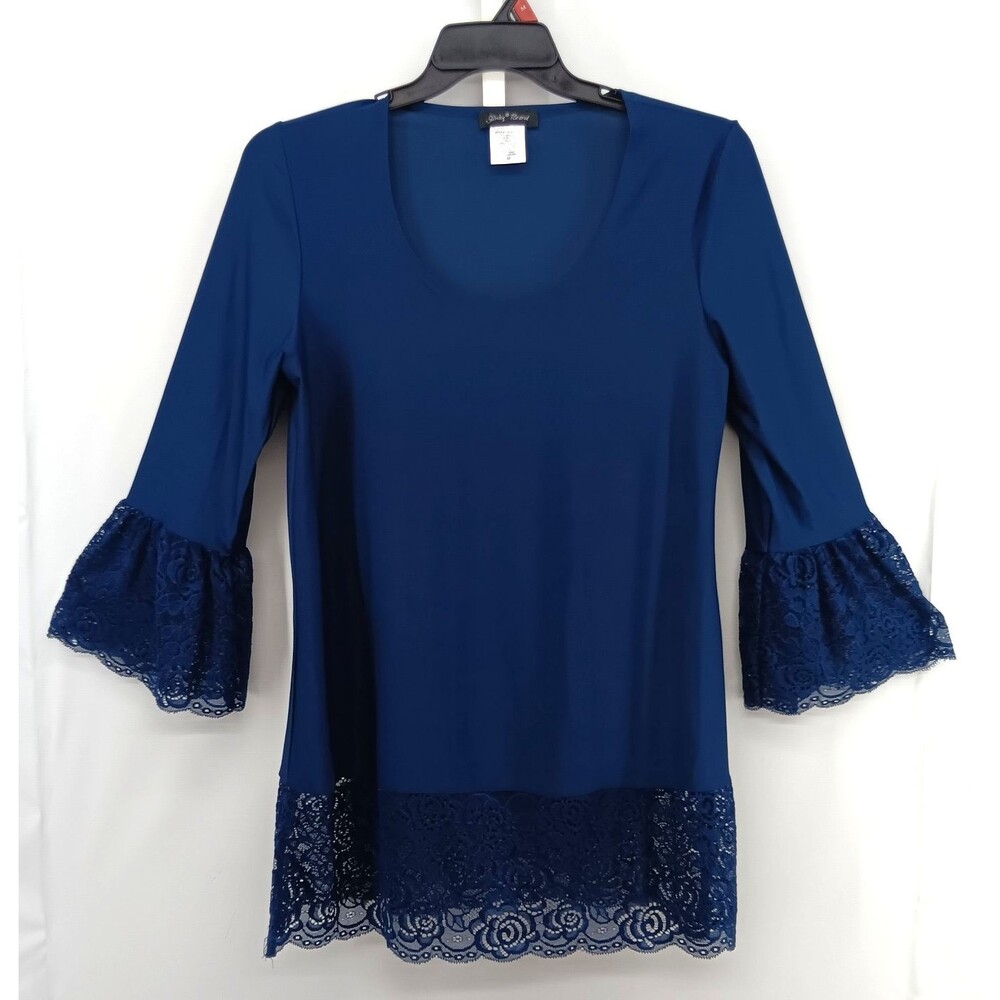 Slinky Brand Blouse Womens Medium Blue 3/4 Bell Sleeve Scoop Neck Lace Trim Top